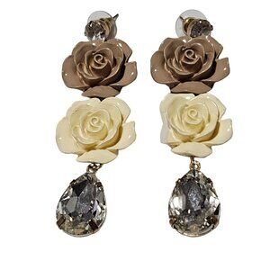 Elegant Carved Rose Drop Earrings Floral Rhinestone Retro 50s 60s Jewelry Women